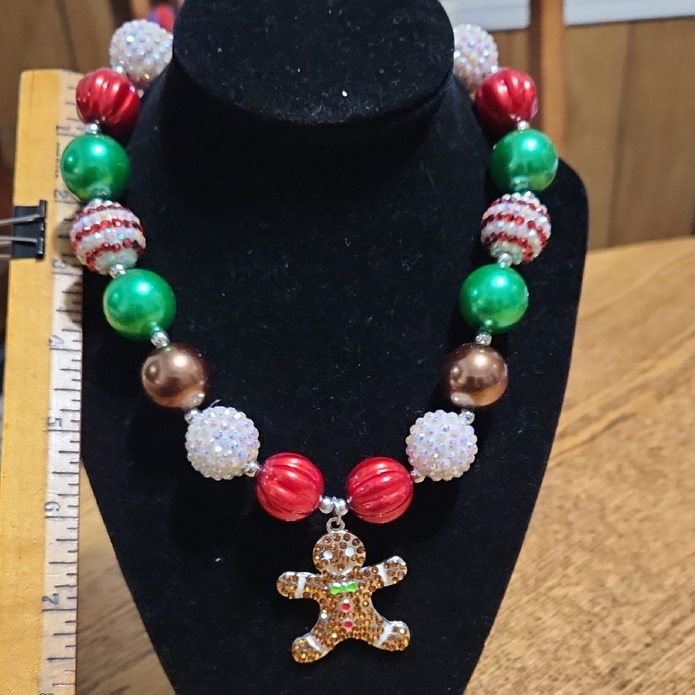 Red and Green Beaded Necklace with Gingerbread Pendant